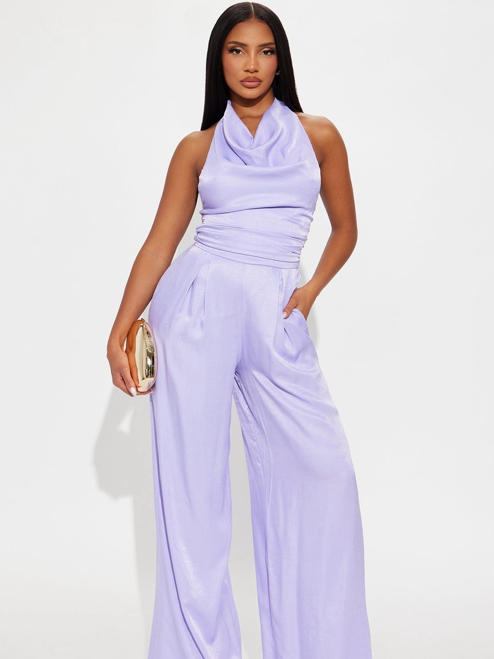 Fashion Nova Lilac Satin Halter Wide-Leg Jumpsuit